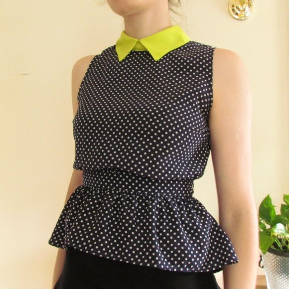 50's Lime Green Collar Navy Polka Dot Peplum Top - Picture 1 of 5